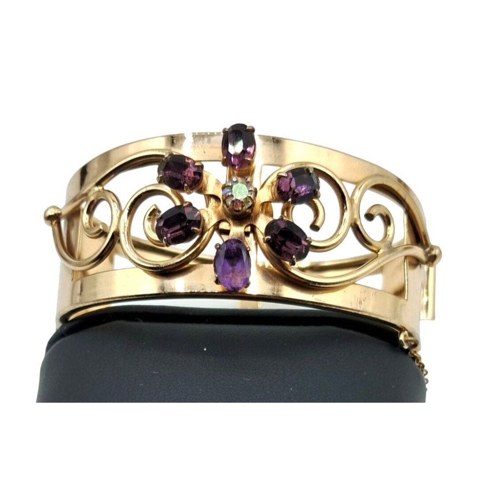 Coro Purple Rhinestone Bangle Bracelet‎ Safety Chain Cuff Signed Jewelry